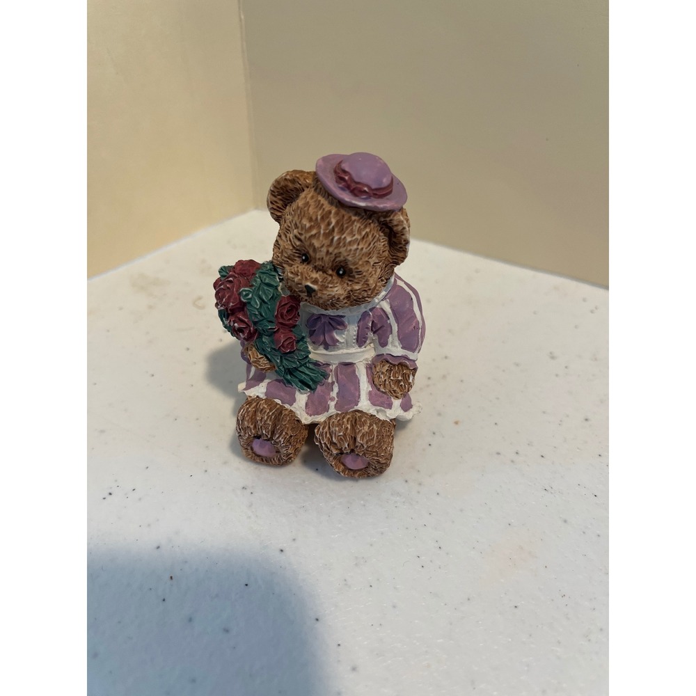 Vintage Miniature Teddy Bear Figurine Purple Dress Hat Roses Collectible 2.5"